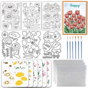 3 Sets Flower Clear Stamps & Cut Dies & Painting Stencils Daisy Tulip Peony Silicone Stamp and Cutting Dies Flower Embossing Template Layering PET Coloring Stencil for Card Making DIY Craft