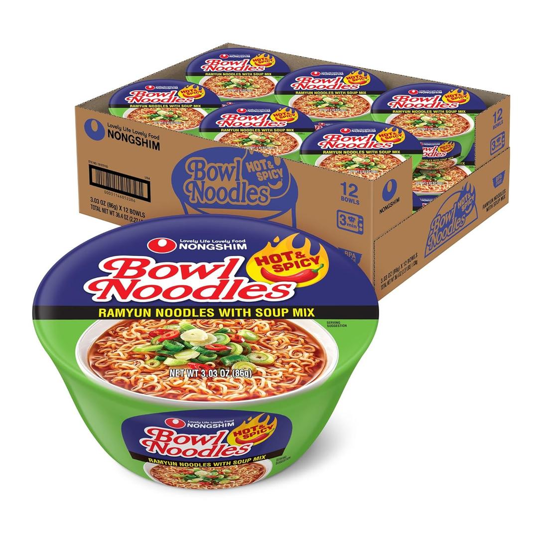 Nongshim Bowl Noodle Soup, Hot & Spicy, 36.36 Oz, Pack of 12, BBD: MAR 12/2027
