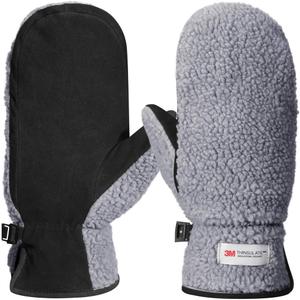 Harssidanzar Women's Sherpa Mitten Genuine Suede Outdoor Mitt Winter For Thermal Thinsulate Lined With Finger Liners SL020US (Large, Grey/Black)