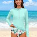 Girls Rash Guard Swimsuit Half-Zip Long Sleeve Modest Bathing Suit with Chest Padding 2Pcs Teen Girl Swimwear UPF 50+ (Blue, S)