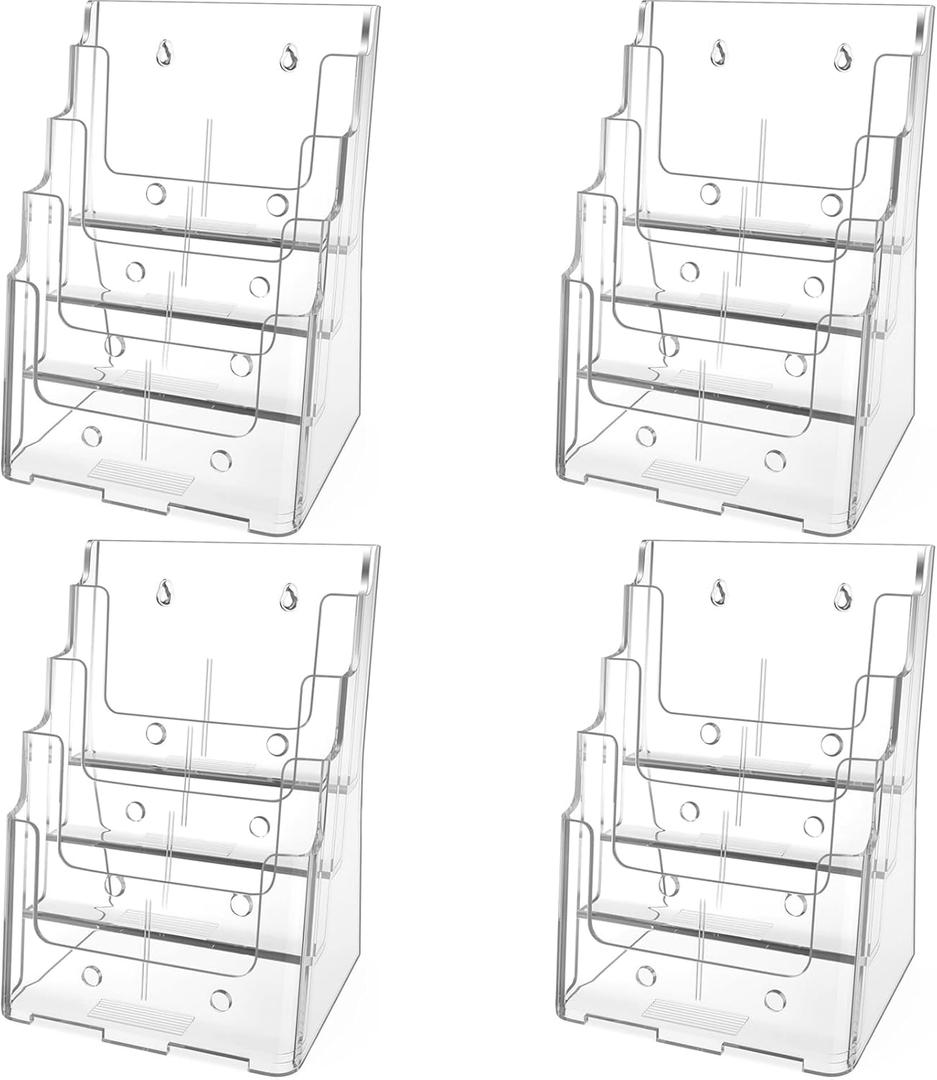 MaxGear Acrylic Brochure Holder 8.5 x 11 inch, 4 Tier Clear Literature Organizer Magazine Stand Display with Removable Divider for 4 x 9 inch Brochures, Pamphlet, Wall Mount or Countertop, 4 Pack