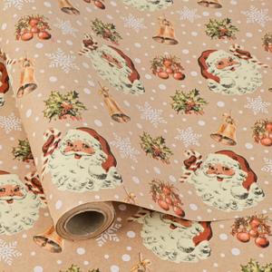 Dlyrroba Reversible Newspaper Christmas Wrapping Paper Jumbo Roll - Vintage Holiday Gift Wrap with Metallic Foil Shine Gold Xmas Design for Women Men Kids Holiday Winter Celebration (Kraft - Santa Claus, 17 Inches X 16.5 Feet)