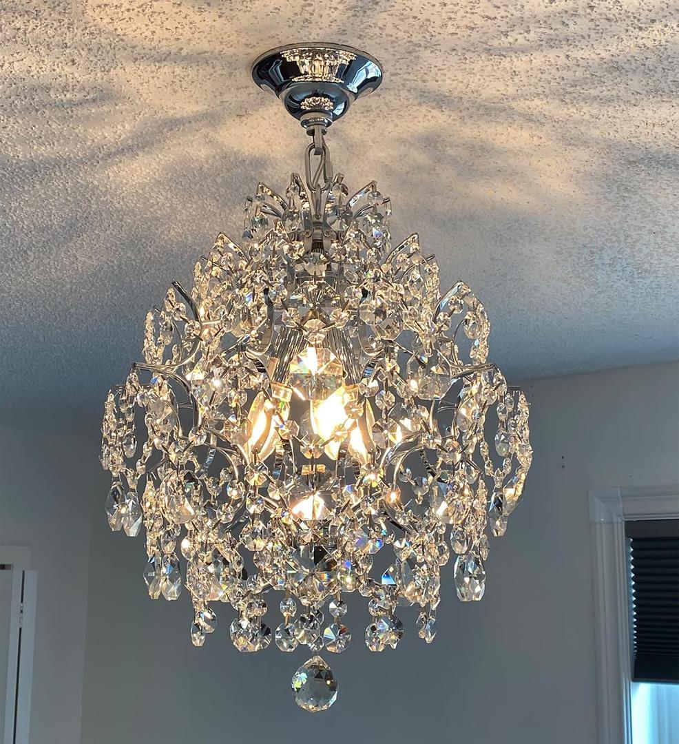 Modern Crystal Chandelier Lighting Fixture, 3 Light Crystal Raindrop Lampshades Ceiling Light, Chrome Hanging Pendant Lights for Dining Room Bedroom Living Room Entryway Size: D15'' x H18''