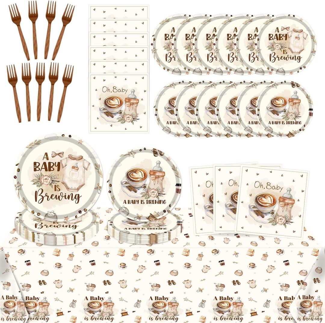 a Baby is Brewing Baby Shower Decorations, 98PCS Coffee Baby Shower Disposable Paper Plates Napkins Party Decorations, Coffee Themed Gender Reveal Tablecloth with Forks Decor Supplies Serve 24