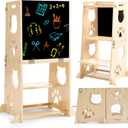 Collapsible Toddler Kitchen Step Stool With Chalkboard, Safety Rail, and Standing Tower for Kids 1-3