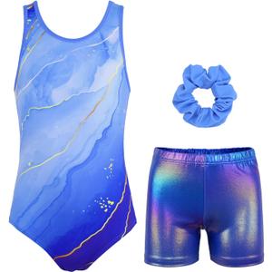 Gymnastics Leotards for Girls with Shorts Sparkly Ballet Dance Activewear (8-9 Years, Turquoise Set)