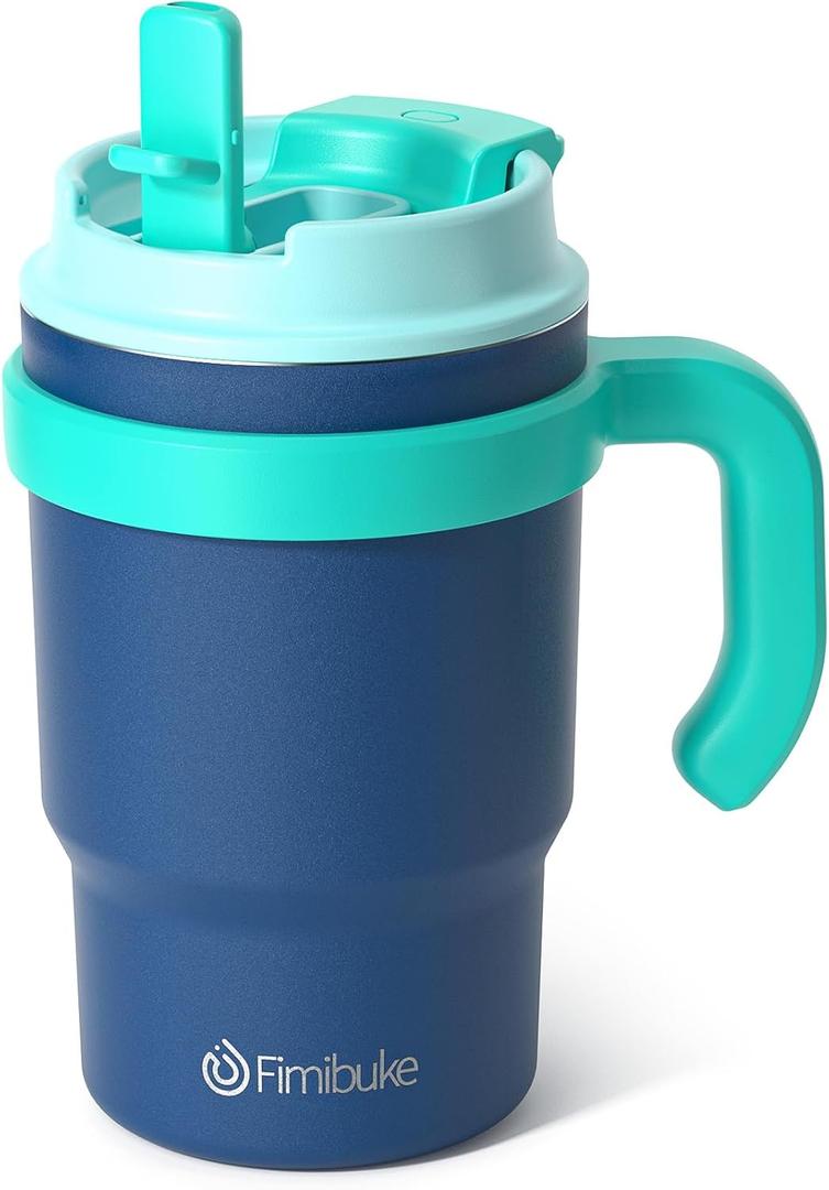 Fimibuke Kids Insulated Tumbler with Handle & Straw - 16oz Leak Proof Toddler Tumbler with Sip/Swig 2-in-1 Lid, BPA FREE 18/8 Stainless Steel Kids Water Bottle Drinking Cups Travel Mugs for Boys Girls (A3.Navy Blue)