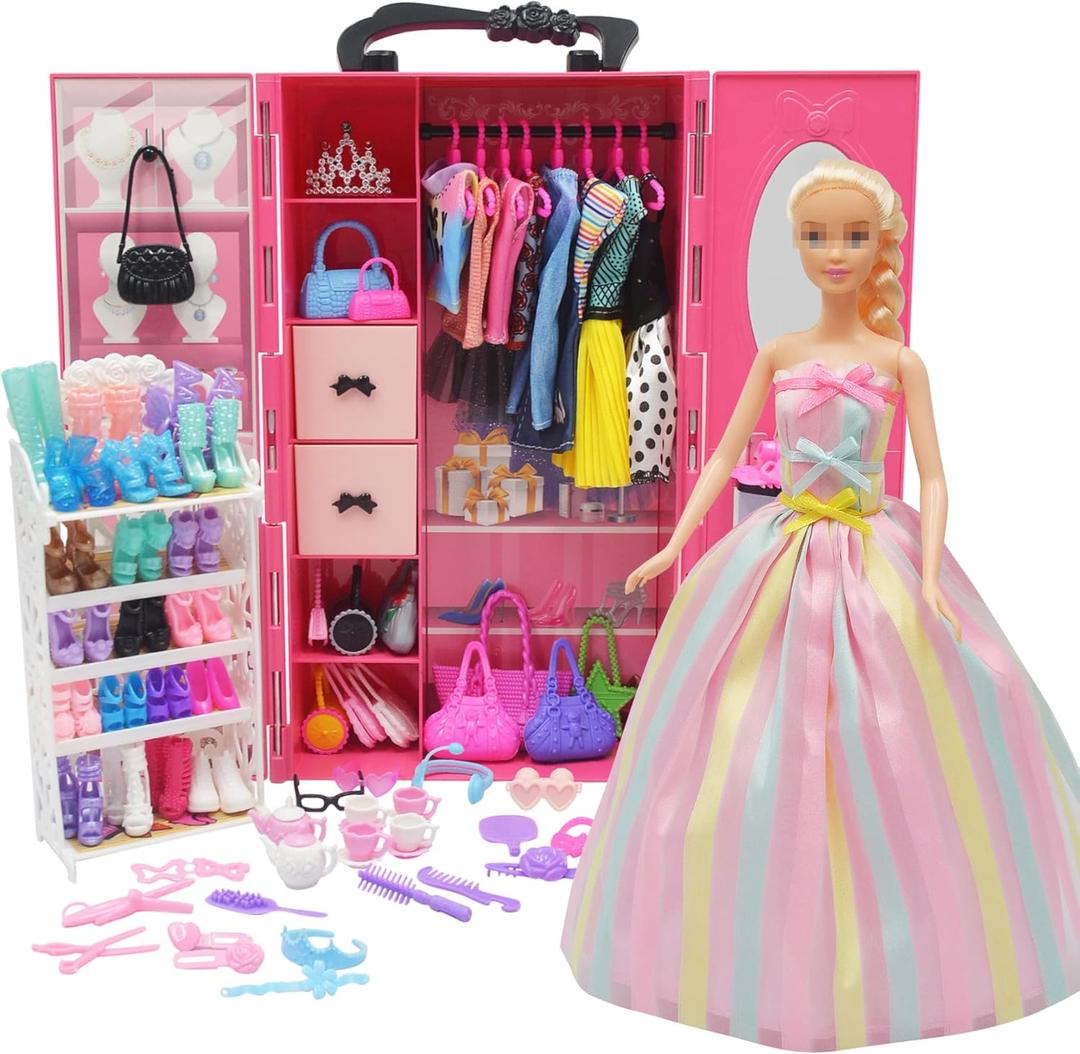 161 PCS 11.5 Inch Girl Doll Closet Wardrobe with Clothes and Accessories Including Wardrobe Shoes Rack Clothes Dress Swimsuits Shoes Hangers Crown Necklace and Other Accessories