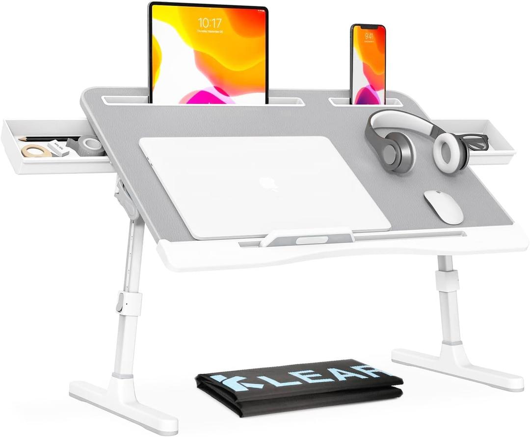 KLEAR Foldable Laptop Bed Tray Desk with Extral Drawstring Bag, Adjustable Bed Table with Heights and Angles, Lap Desk for Eating, Working, Writing, Gaming, Drawing with 2 Drawers(Grey) (Gray)