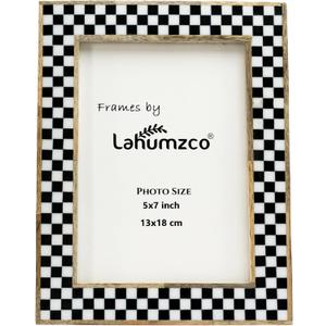 5x7 Handmade Photo Frame Black & White Checkered Wood Pattern, Vintage Rustic Style, Tabletop/Wall Decor, Decorative Gift Boho Picture Frame for Farmhouse & Office