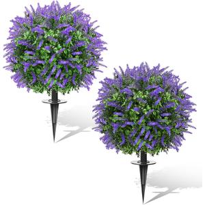 Artificial Topiary Bushes for Outdoors with Spike, Boxwood Ball Fake Shrubs UV Resistant Faux Plants for Indoor Outdoor Fall Thanksgiving Halloween Decor (Lavender Boxwood Purple-2 Packs)