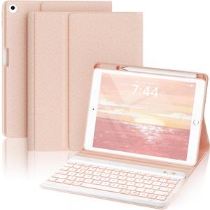 OYEEICE Keyboard case for iPad 6th 5th Gen 9.7" (2018/2017) 7 Color Backlit Wireless Keyboard with Pen Holder for iPad Air 2 Gen 2014- Pink