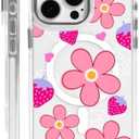 OKBUOK for iPhone 16 Pro Max Case [Compatible with Magsafe],Girls Women Clear Magnetic Case Silicone Shockproof Protective Cover with Pattern Pink Strawberry Flowers