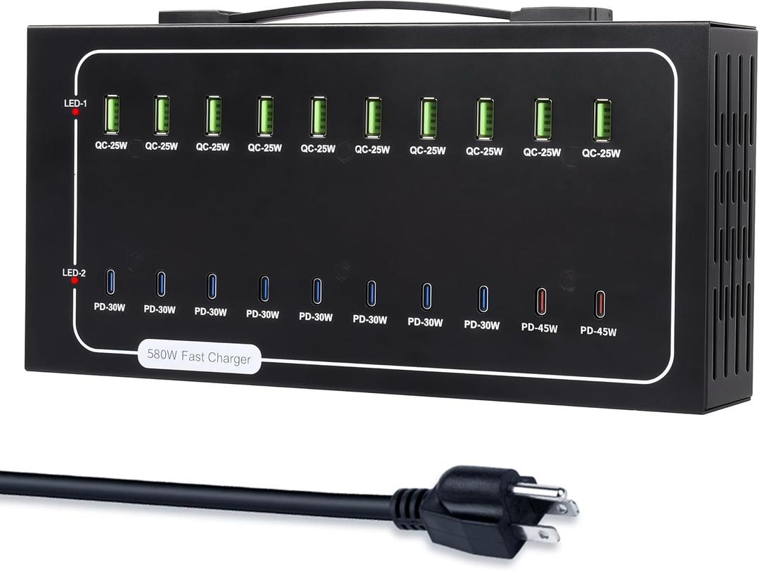 580W USB Charging Station, 20 Port Fast Charging Station for Multiple Devices, Dual PD 45W USB C Charger Block, Smart Power Delivery & Multi Protection for Laptop MacBook iPhone, iPad, Tablet