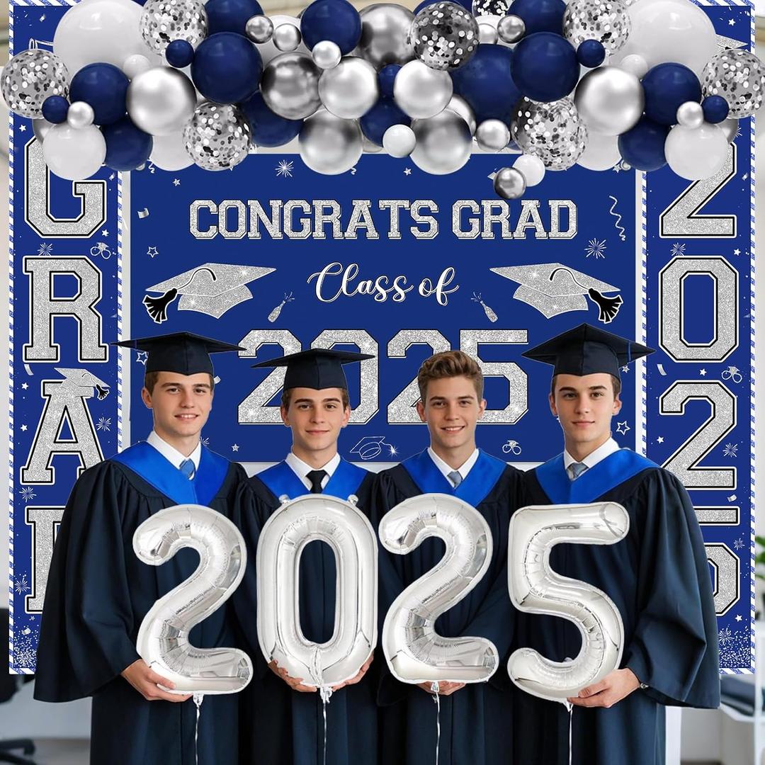 MEHOFOND Graduation Decorations Class of 2025, Blue and Silver Graduate Party Supplies Include Congrats Grad Class of 2025 Backdrop, Porch Banner, Balloons, Foil Number 2025 for Graduation Party