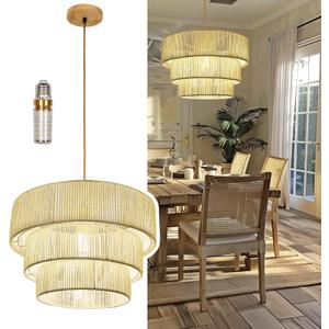 Rattan Boho Chandelier with LED Bulb Woven Pendant Light Basket for Living & Dining Room(15.7"-style B-white)
