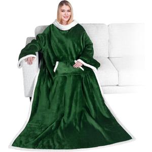 PAVILIA Sherpa Wearable Blanket with Sleeves and Pocket, Plush Thick Cozy Body Blanket Wrap for Adult Women Men, Christmas Gift for Wife Mom, Dark Green