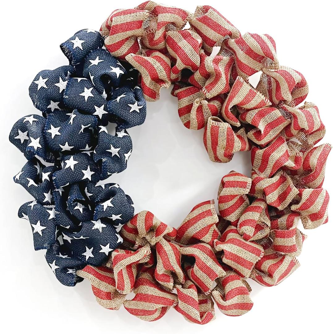 24 Inch Summer Wreath Patriotic for Front Door, 4th July Independence Day Wreath America Patriotic Flag Burlap Farmhouse Decor, Memorial Day Americana Wreaths for Front Door Window Christmas Decor (Red-blue)