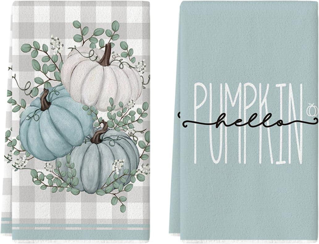 Artoid Mode Hello Pumpkin Eucalyptus Leaves Fall Kitchen Towels Dish Towels, 18x26 Inch Autumn Thanksgiving Harvest Tea Hand Towel Set of 2 (Blue)
