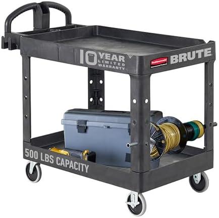 Rubbermaid Commercial Products 2-Shelf Utility/Service Cart, Medium, Black, Lipped Shelves, Ergonomic Handle, 500 Lbs Capacity, forfor Warehouse/Garage/Cleaning/Manufacturing