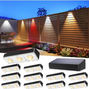 Solar Fence Lights Outdoor Waterproof Led, 12Pack,1300mAh,6 Inch Solar Lights for Fence with Warm White & RGB 8 Colors,Outdoor Solar Lights for Patio, Backyard, Deck, Fence, Railing (Black)