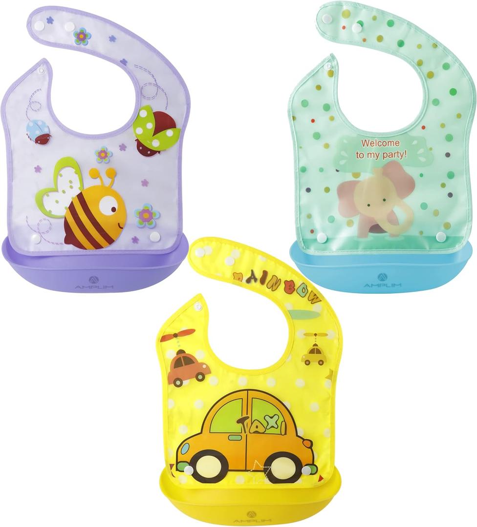 Amplim Baby Feeding Bib (Pack of 3) Toddler/Baby Bibs for Eating. Waterproof, Adjustable, Lightweight. Eco-friendly PEVA material. BPA, Lead, Phthalate, Cadmium free