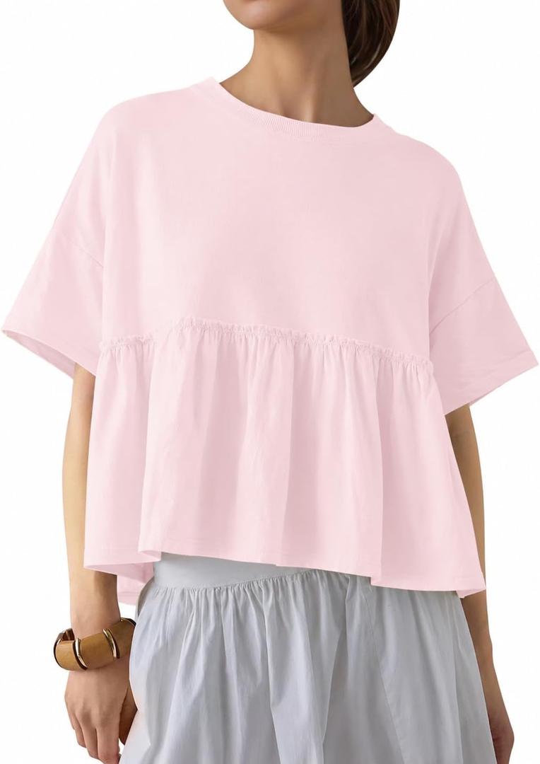 Ziesexy Oversized Babydoll Tops for Women Casual Short Sleeve Crewneck Peplum Shirt Loose Fit Summer T Shirts Pink (Pink, L)