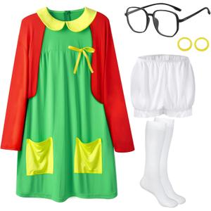 7pcs Women Halloween Costumes Adult, Cute Halloween Costumes for Women Cosplay with Green Dress, Red Cardigan (Large)