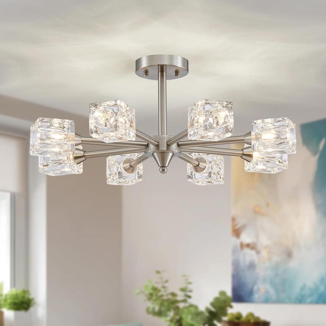 XINGQI 8-Light Brushed Nickel Modern Sputnik Chandeliers Semi Flush Mount Ceiling Light Fixture for Dining Room Bedroom Living Room Kitchen Entryway