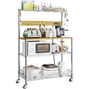 Bakers Rack with Power Outlet & Storage, 33 Inch Microwave Stand Kitchen Shelf Storage Rack, Coffee Bar Cart with Wheels & Hooks, 4-Tier Metal Kitchen Shelves Cart, Chrome