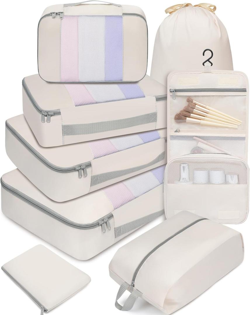 BAGAIL 6 Set/8 Set/10 Set Packing Cubes Various Sizes Packing Organizer for Travel Accessories Luggage Carry On Suitcase (08-Beige)