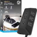 GE UltraPro Adapt 8-Outlet Surge Protector with USB Ports, 2 USB-A Ports, 2.4A, 3ft Braided Cord Power Strip Surge Protector, 1780 Joules, Black, 73776