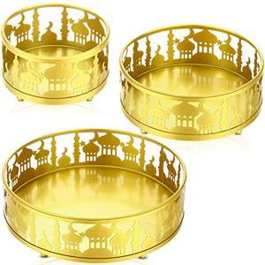 Honeydak Ramadan Serving Trays Eid Mubarak Round Metal Food Trays Crazy Night Islam Eid Mubarak Plates Food Storage Containers for Eid Islamic Muslim Activity Party Favor, Gold