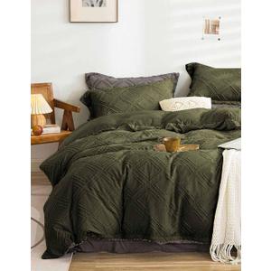 Nanko Queen Size Comforter Set Olive Green Tufted Jacquard Boho Geometry Soft Shabby Chic Down Alternative Microfiber Bedding - All Season Duvet Modern Farmhouse Bed Set Women Men 90x90 3pc Dark Green