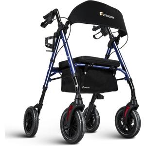 Lightweight Rollator Walker with Seat & Backrest - Foldable Mobility Aid for Seniors, 8" Large Airless Tires, Adjustable Height, Brake,Storage Bag,300 lbs Capacity, 4 Wheel Rolling Walkers for Adults