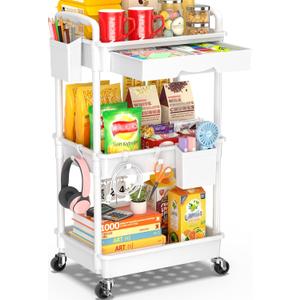 SUNALLY 3 Tier Rolling Cart with Drawer, Bathroom Storage Organizer with 2 Lockable Wheels, Multifunctional Rolling Storage Cart for Bathroom, Kitchen, Office, Craft, Makeup, Baby Essentials, White