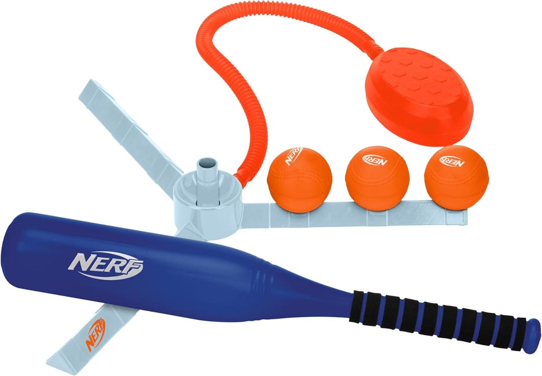 Nerf Airtee Kids Baseball Tee Set - Youth Baseball Stomp Launcher Batting Practice Toy - Includes 21" Plastic Jumbo Bat + (3) Foam Baseballs