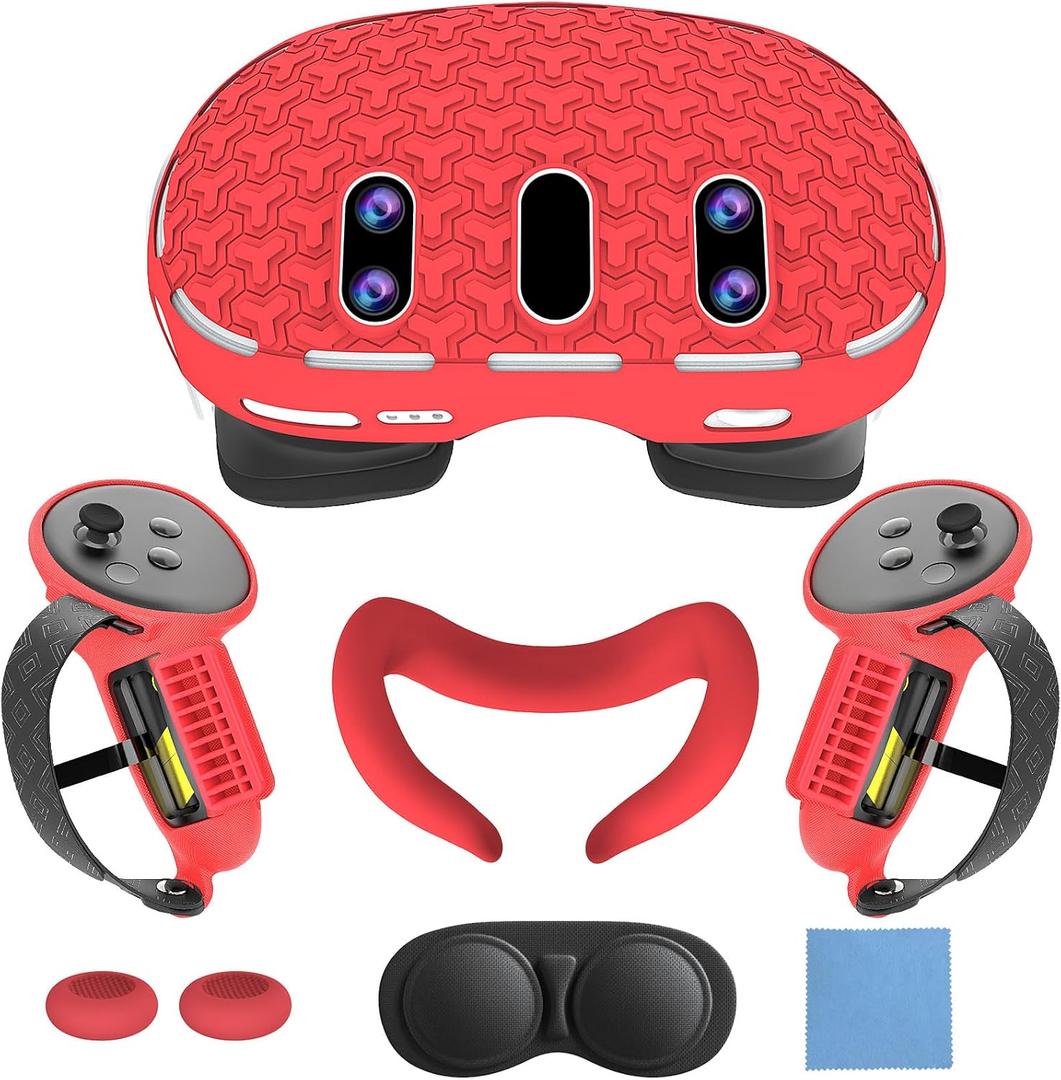 Cover Set for Quest 3:VR Accessories for Meta Quest 3,Includes Front Shell Cover,Face Cover,Internal Lens Cover and Controller Covers (Red)