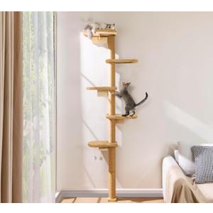 5-Tier Tall Cat Tree for Kittens, Floor to Ceiling Wall Mounted Cat Wall Shelves with Brown Plush Pads, Adjustable Wild Simulation Cat Tower for Climbing, Scratching & Lookout (83Inch)