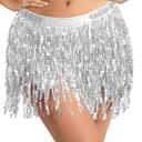 BFONS Sequin Tassel Skirt Belly Dance Hip Scarf Wrap Sparkly Tinsel Fringe Skirt Rave Festival Halloween for Women (Medium, Silver)