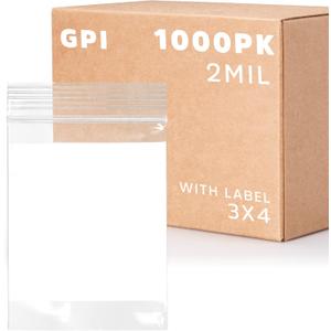 GPI Case of 1000 3" x 4" Clear Plastic Reclosable Zip Bags - Bulk 2 mil Thick Strong & Durable Poly Baggies With Resealable Zipper Top Lock & write-on white block, for storage, packaging & shipping