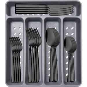 21-Piece Modern Black Silverware Set with Organizer Tray Stainless Steel Eating Utensil Sets Kitchen Knives Forks and Spoons Cutlery Set Heavy Duty Tableware Flatware Sets for 4, Dishwasher Safe (12.8" x 11.3")