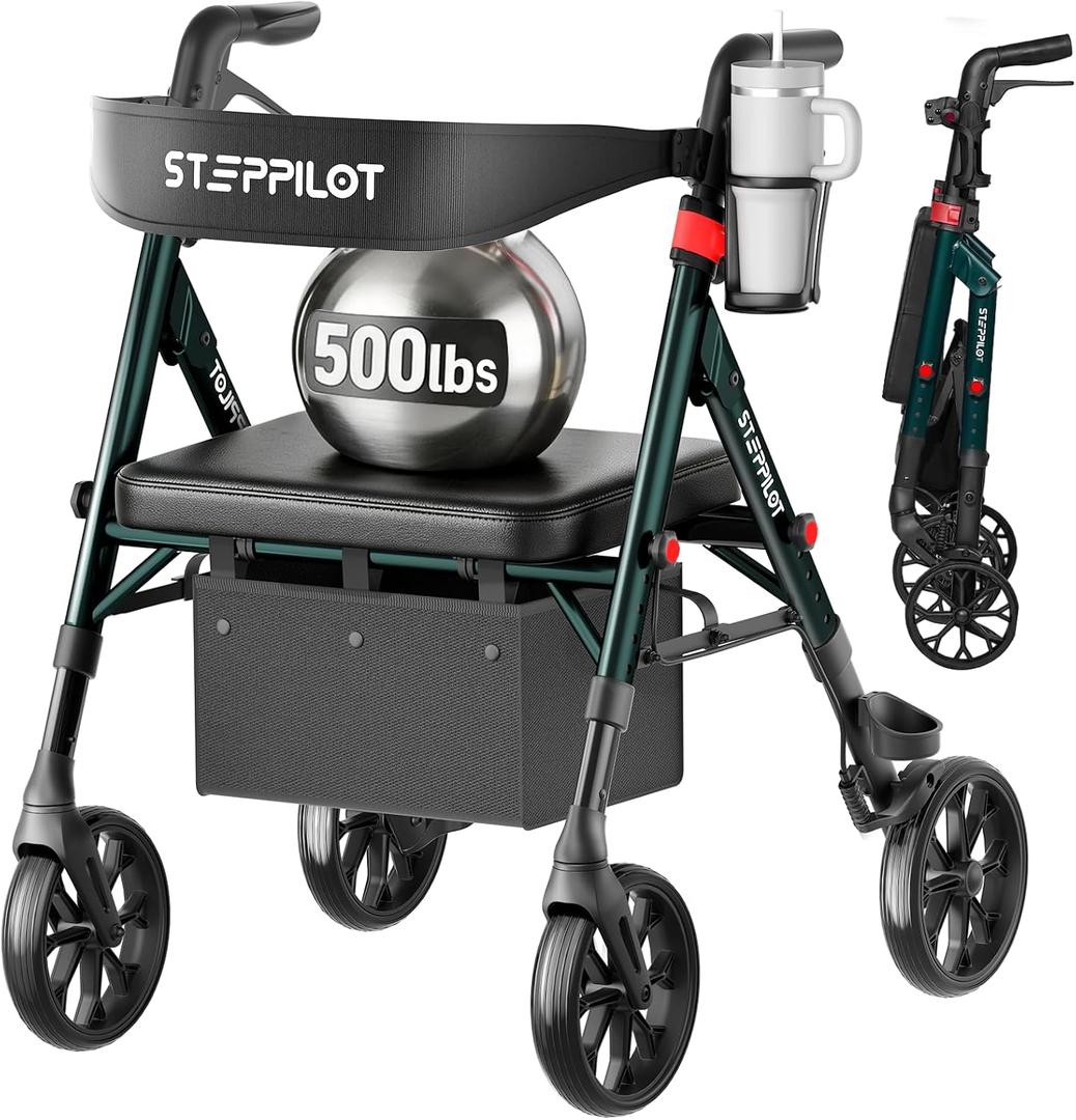 StepPilot Bariatric Rollator Walker for Seniors, 500lb Cap, Zero Wobble
