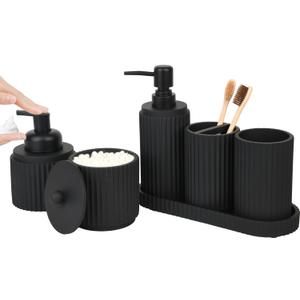 Black Bathroom Accessories Set 6 Pcs - Toothbrush Holder,Lotion Soap Dispenser,Foaming Soap Dispenser,Qtip Holder Dispensers,Vanity Tray,Bathroom Tumbler - Countertop Organizer-Bathroom Accessory Set