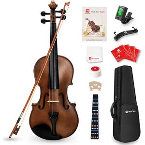 Vangoa 4/4 Solid Wood Acoustic Violin Full Size Fiddle Set for Beginner Adult Student Teen Kids with Violin Case, Bow, Rosin, Shoulder Rest, Tuner, Strings, Natural