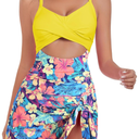 ZAFUL Women One Piece Swimdress Tummy Control Bathing Suit Push Up Swimsuit Modest Swimwear Cutout V Neck Cute Tie Knot Skirt, Size S