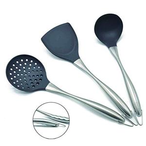 Silicone Stainless Steel Kitchen Utensils Set, 3-Pieces Flexible Silicone Head Cooking Utensil with Wok Spatula, Ladle, Slotted Spoon (Grey)