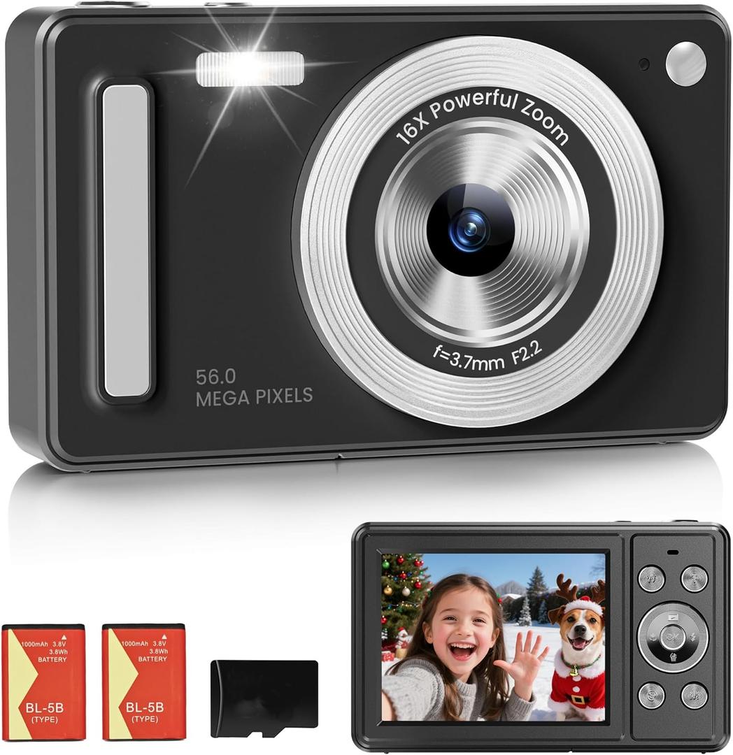 Digital Camera, FHD 1080P Point and Shoot Camera with 32GB SD Card, 2 Batteries, 16X Zoom, Anti Shake, Compact Small Design for Kids Teens Students Girls Boys (Black)