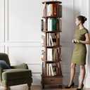 Solid Wood Rotating Bookshelf Tower on Wheels, 5-Tier Spinning Bookcase with Drawer, 72" Floor Standing Revolving Bookshelf, Rotating Bookcase for Small Space, Walnut, 18.87 inches x 18.87 inches x 72.84 inches
