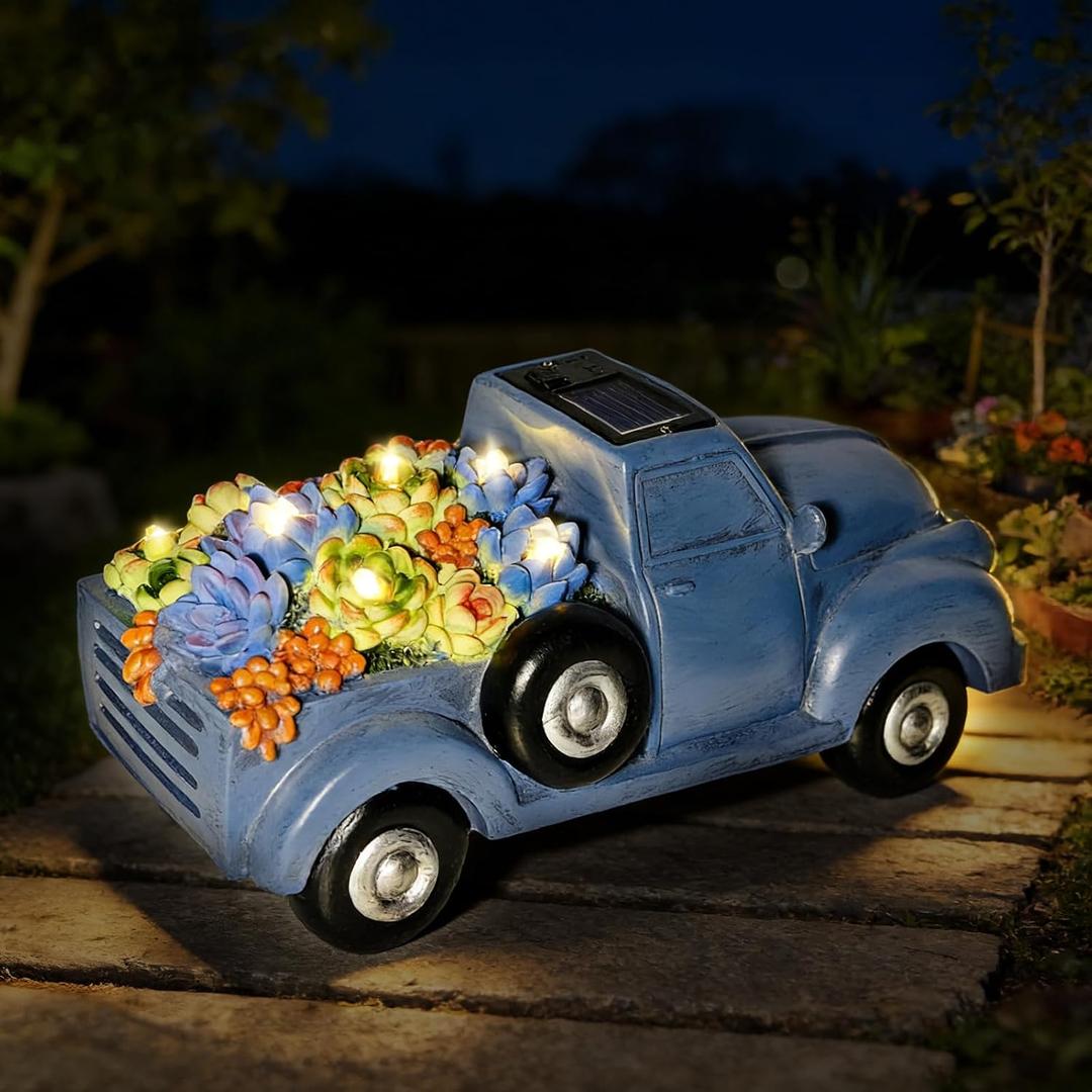 Solar Garden Decor Outdoor Statues Truck with Succulent and 7 LED Lights, Yard Decor for Outside, Yard Art Gardening Gifts for Women Mom Grandma (Blue Truck)